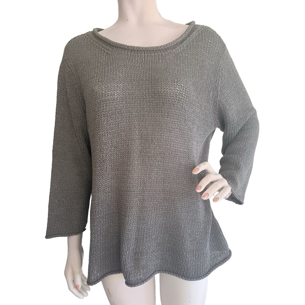 EILEEN FISHER Woman Sweater Top Brown Cotton Linen 3/4 Sleeve Tunic Size Plus 1X